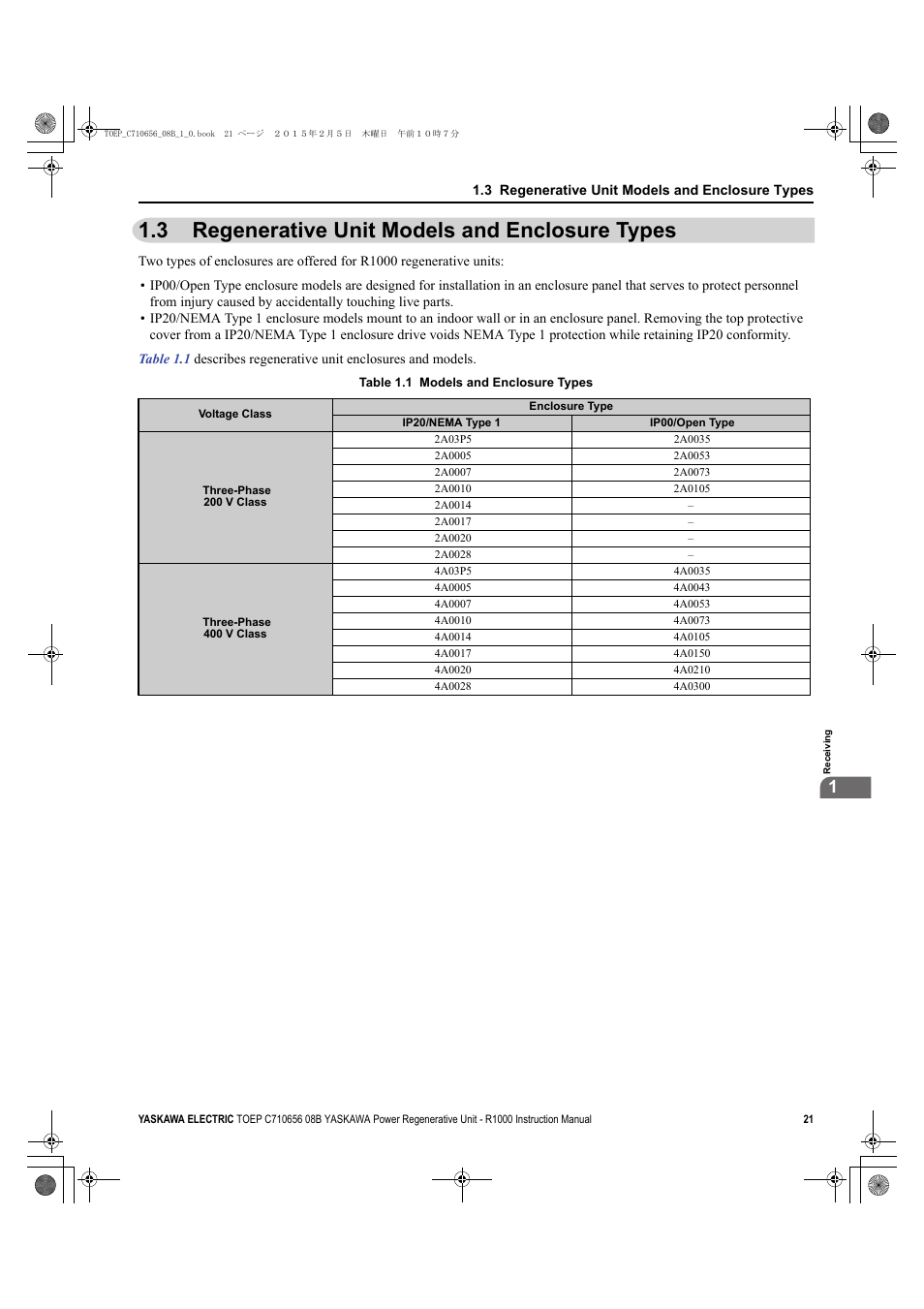 3 regenerative unit models and enclosure types, Regenerative unit models and enclosure types | Yaskawa R1000 Series Power Regenerative Unit User Manual | Page 21 / 221