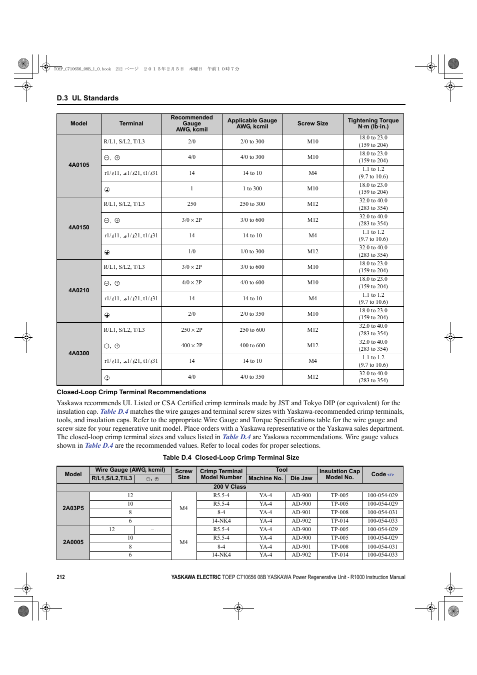 Yaskawa R1000 Series Power Regenerative Unit User Manual | Page 212 / 221