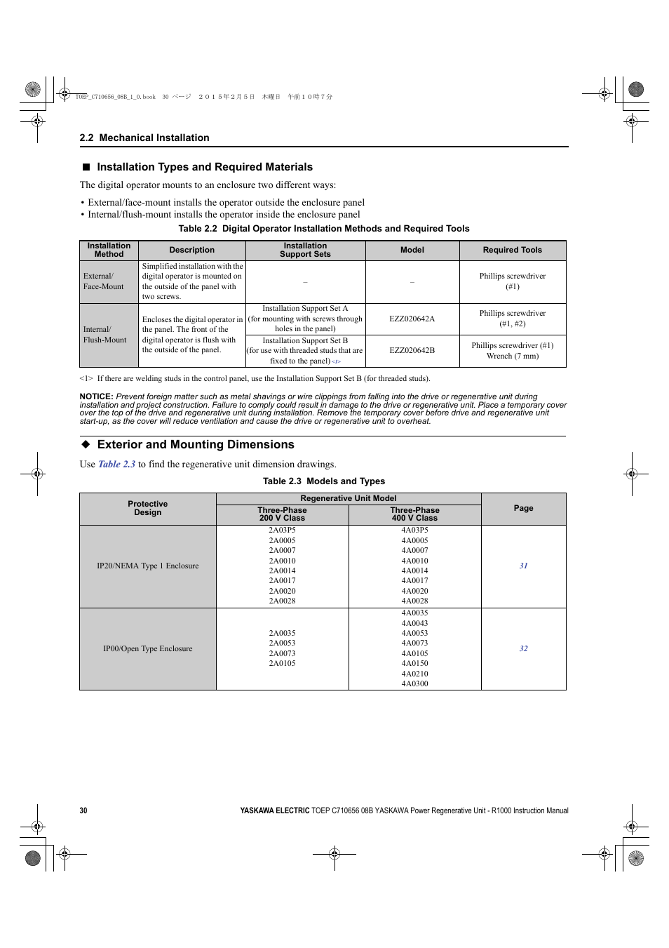 Exterior and mounting dimensions, Refer to, Installation types and required materials | Yaskawa R1000 Series Power Regenerative Unit User Manual | Page 30 / 221