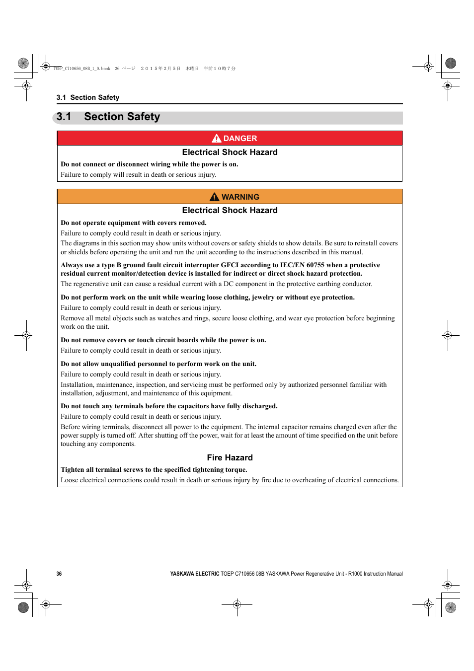 1 section safety, Section safety | Yaskawa R1000 Series Power Regenerative Unit User Manual | Page 36 / 221