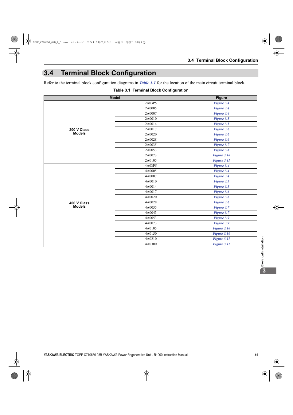 4 terminal block configuration, Terminal block configuration | Yaskawa R1000 Series Power Regenerative Unit User Manual | Page 41 / 221