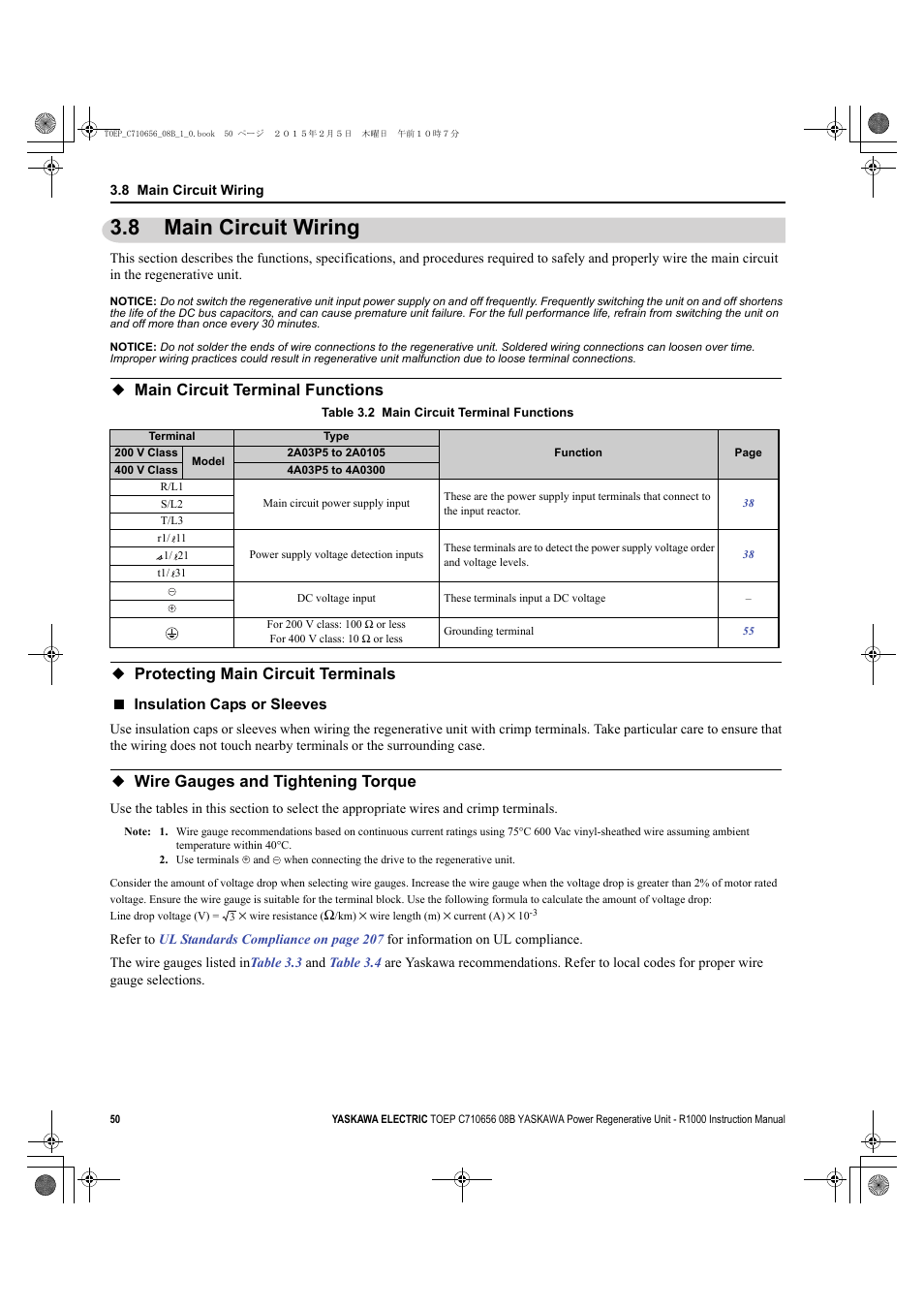 8 main circuit wiring, Main circuit terminal functions, Protecting main circuit terminals | Wire gauges and tightening torque, Main circuit wiring | Yaskawa R1000 Series Power Regenerative Unit User Manual | Page 50 / 221