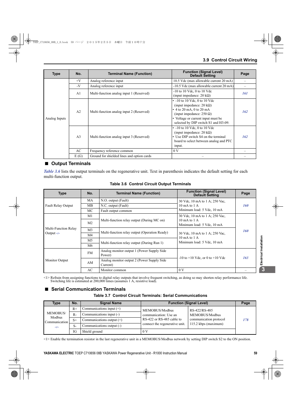 Output terminals, Serial communication terminals | Yaskawa R1000 Series Power Regenerative Unit User Manual | Page 59 / 221