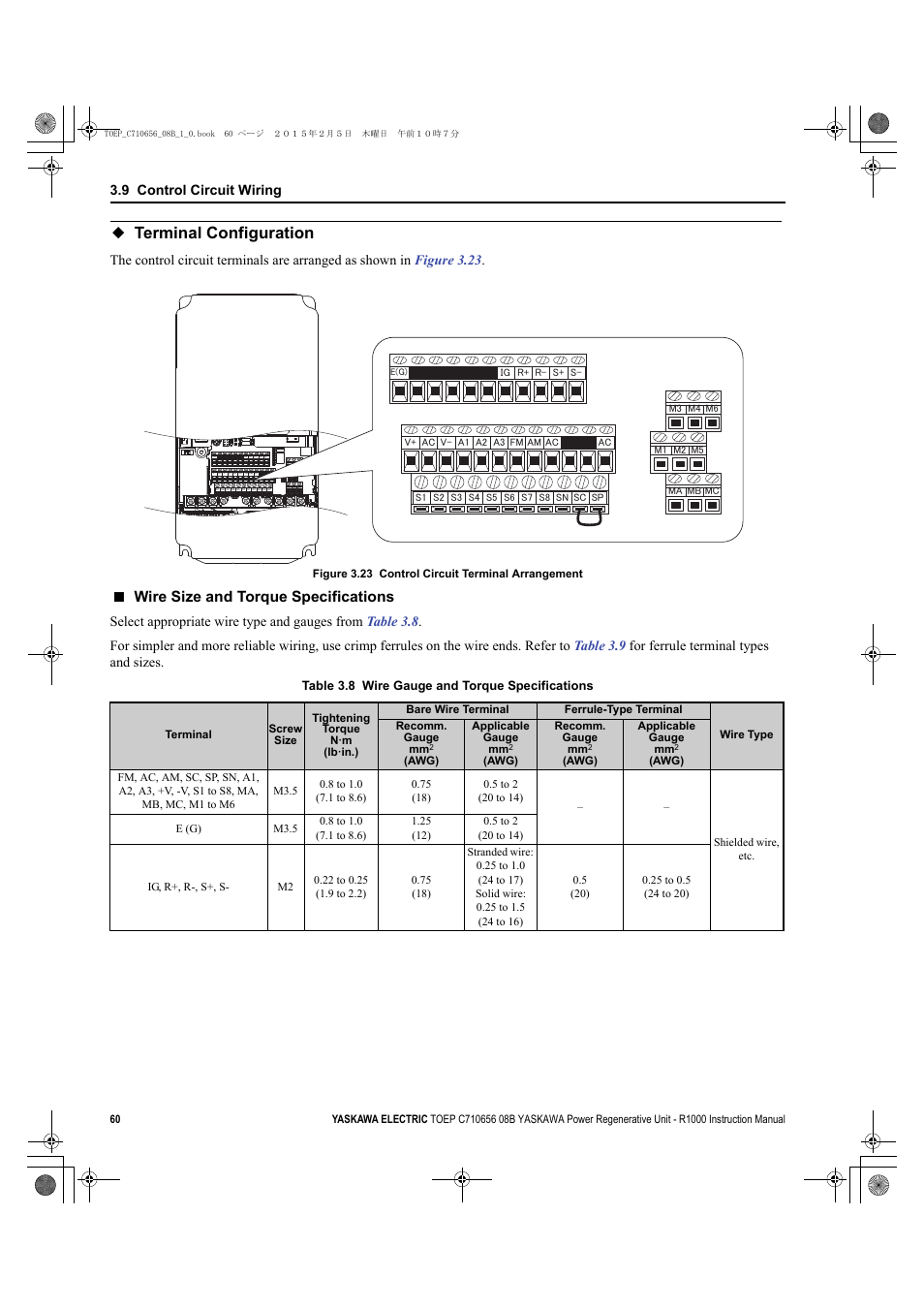 Terminal configuration, Wire size and torque specifications, 9 control circuit wiring | Yaskawa R1000 Series Power Regenerative Unit User Manual | Page 60 / 221