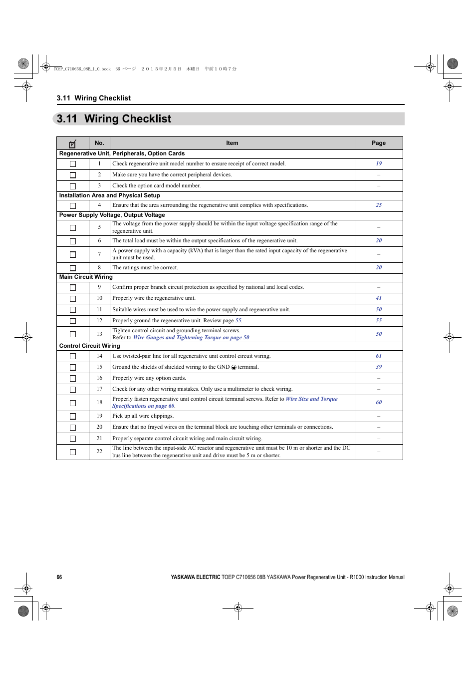 11 wiring checklist | Yaskawa R1000 Series Power Regenerative Unit User Manual | Page 66 / 221