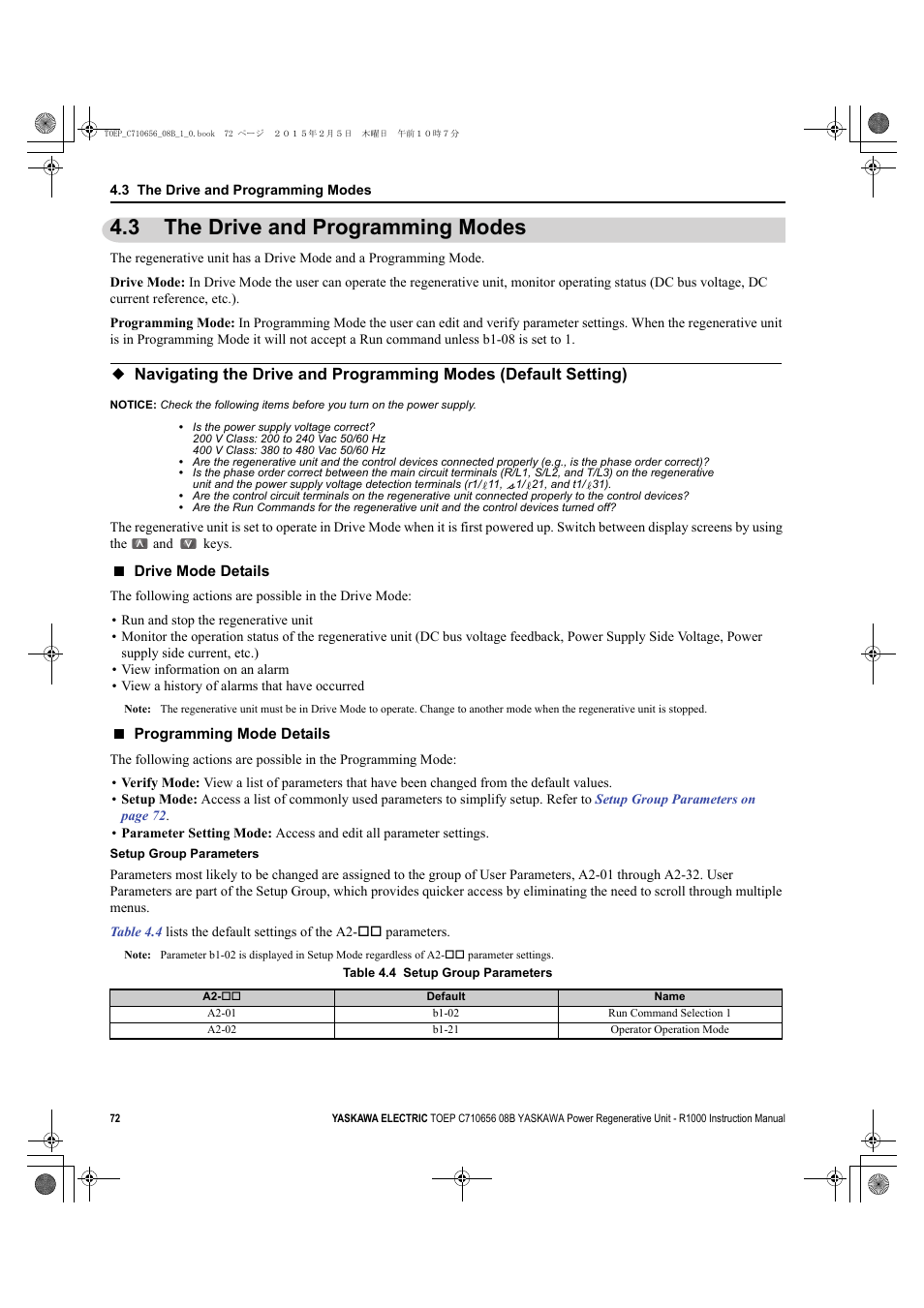3 the drive and programming modes, The drive and programming modes | Yaskawa R1000 Series Power Regenerative Unit User Manual | Page 72 / 221