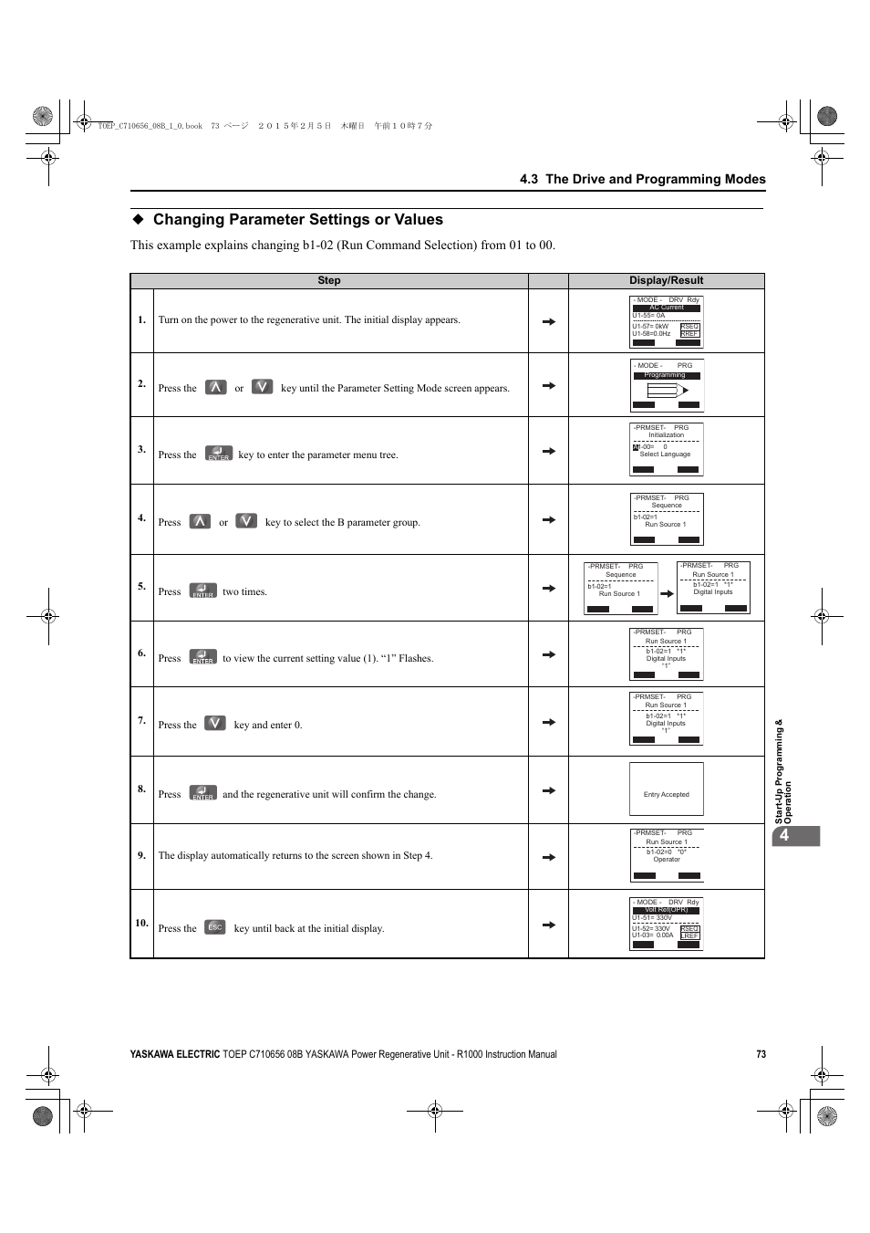 Changing parameter settings or values, 3 the drive and programming modes | Yaskawa R1000 Series Power Regenerative Unit User Manual | Page 73 / 221