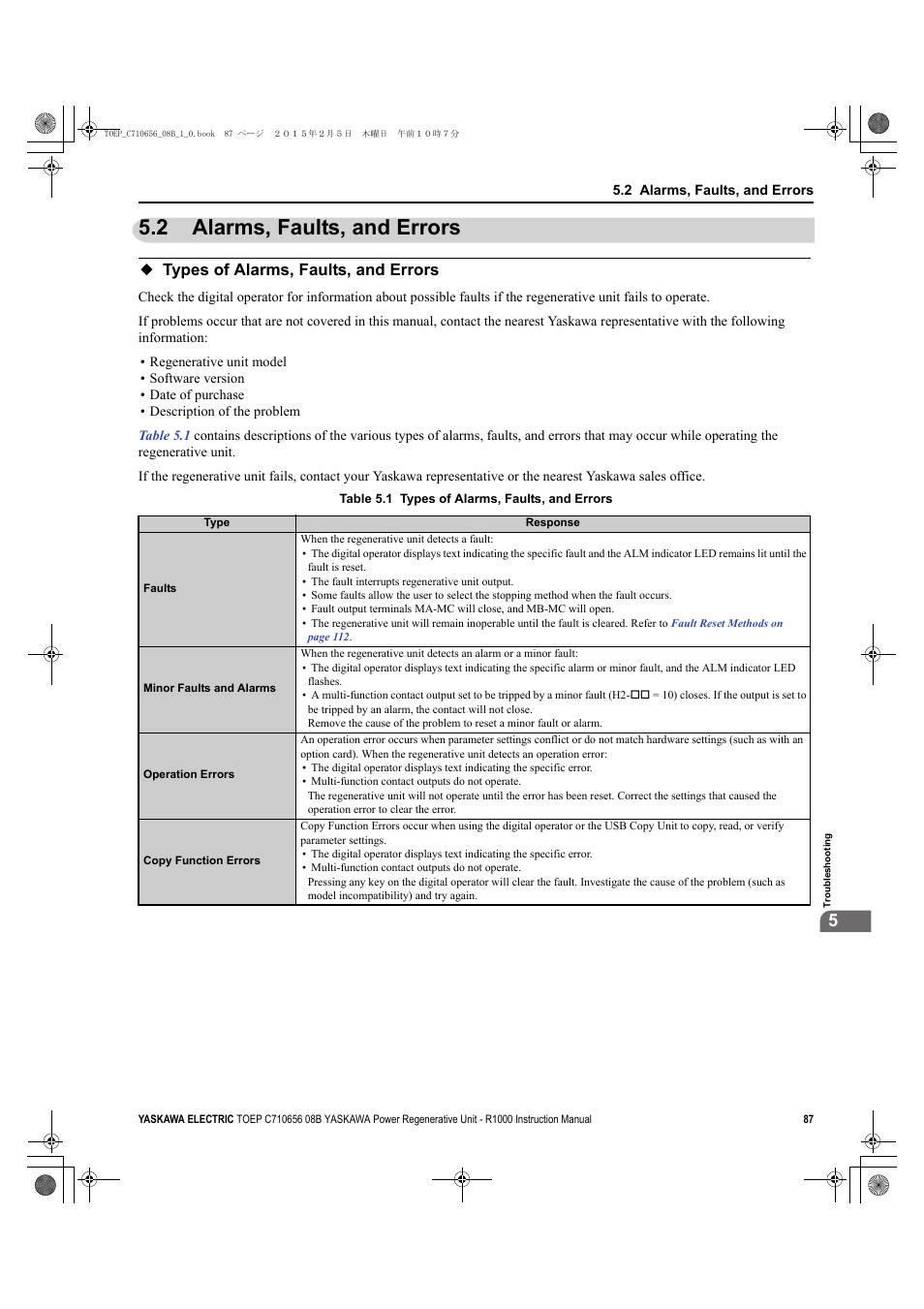2 alarms, faults, and errors, Types of alarms, faults, and errors, Alarms, faults, and errors | Yaskawa R1000 Series Power Regenerative Unit User Manual | Page 87 / 221