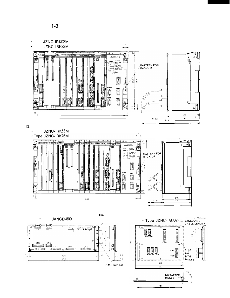 Appendix 1-2 - dimensions in mm, Appendix dimensions in mm (1) cpu unit (12-slot), Cpu unit (16-slot) | Type type, Type, 3) 1/0 board | Yaskawa i80M Connecting Manual User Manual | Page 286 / 332