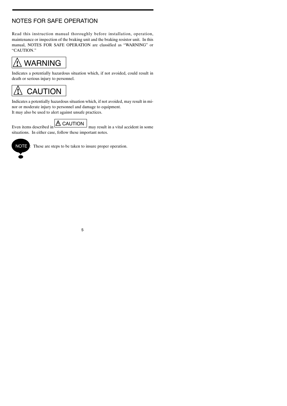 Notes for safe operation, Warning, Caution | Yaskawa VARISPEED-600 SERIES INVERTER User Manual | Page 4 / 54
