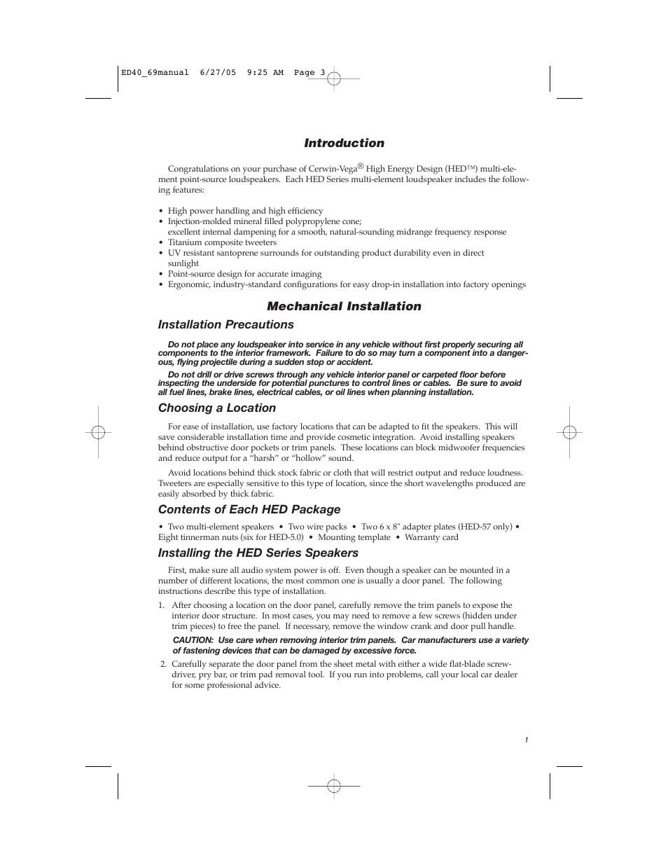 Introduction, Mechanical installation installation precautions, Choosing a location | Contents of each hed package, Installing the hed series speakers | Cerwin-Vega HED-57 User Manual | Page 3 / 14