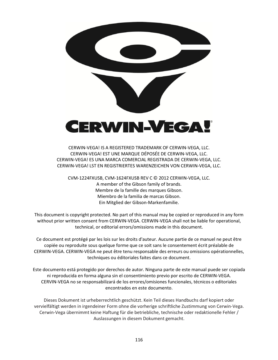 Cerwin-Vega Professional Audio Mixer CVM-1224FXUSB User Manual | Page 116 / 116