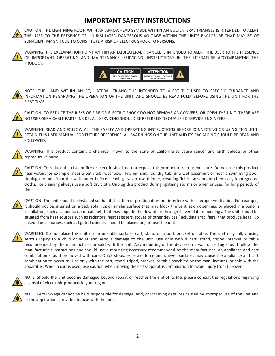 Important safety instructions | Cerwin-Vega Professional Audio Mixer CVM-1224FXUSB User Manual | Page 2 / 116