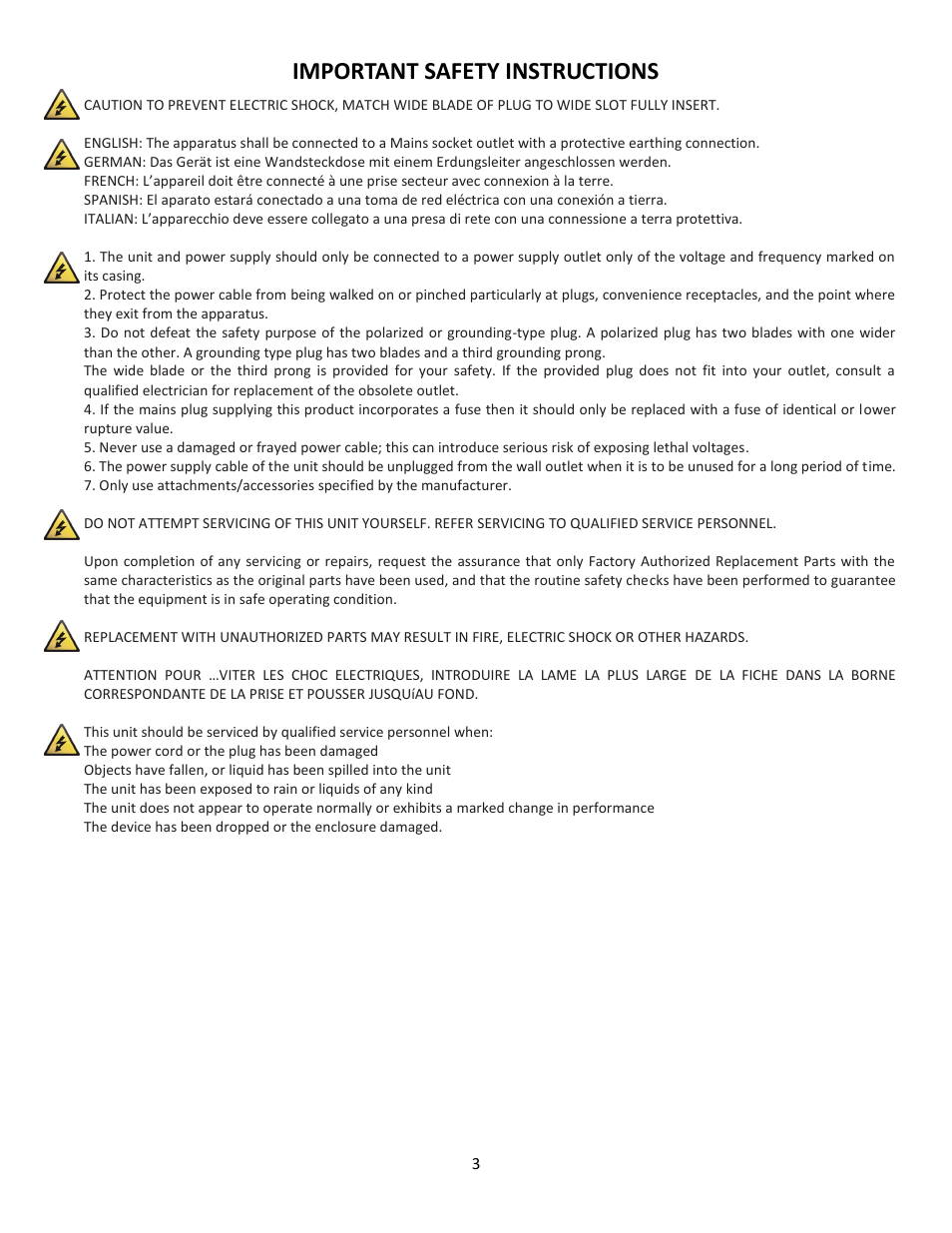 Important safety instructions | Cerwin-Vega Professional Audio Mixer CVM-1224FXUSB User Manual | Page 3 / 116