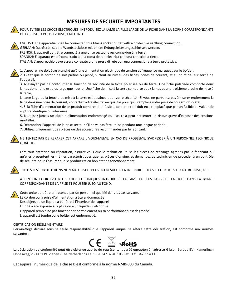 Mesures de securite importantes | Cerwin-Vega Professional Audio Mixer CVM-1224FXUSB User Manual | Page 32 / 116