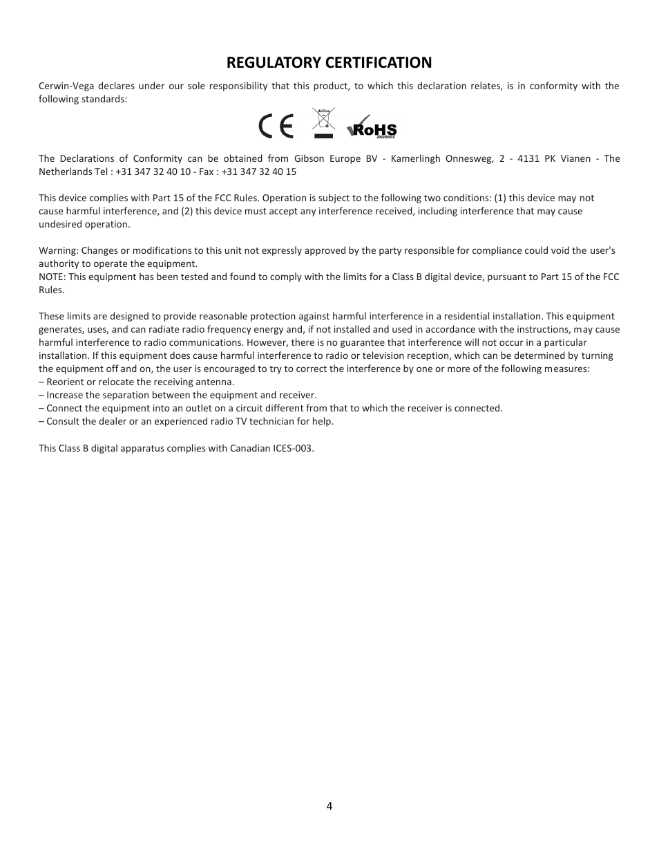 Regulatory certification | Cerwin-Vega Professional Audio Mixer CVM-1224FXUSB User Manual | Page 4 / 116