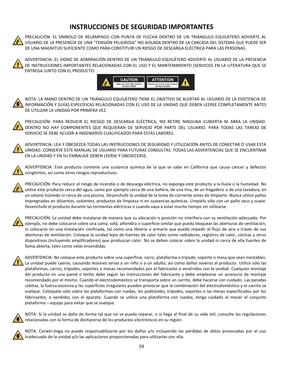 Instrucciones de seguridad importantes | Cerwin-Vega Professional Audio Mixer CVM-1224FXUSB User Manual | Page 59 / 116