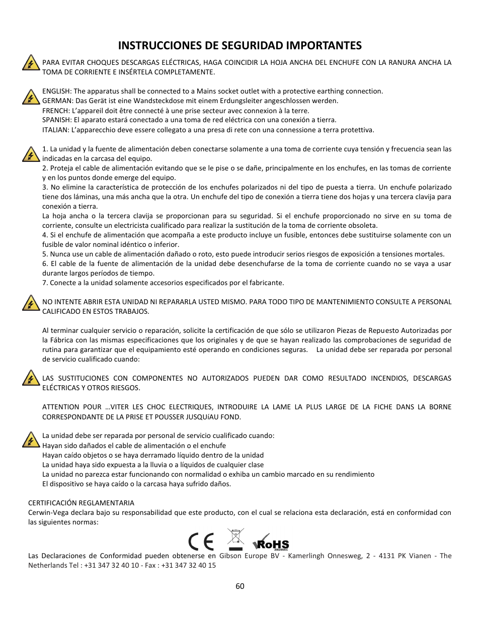 Instrucciones de seguridad importantes | Cerwin-Vega Professional Audio Mixer CVM-1224FXUSB User Manual | Page 60 / 116