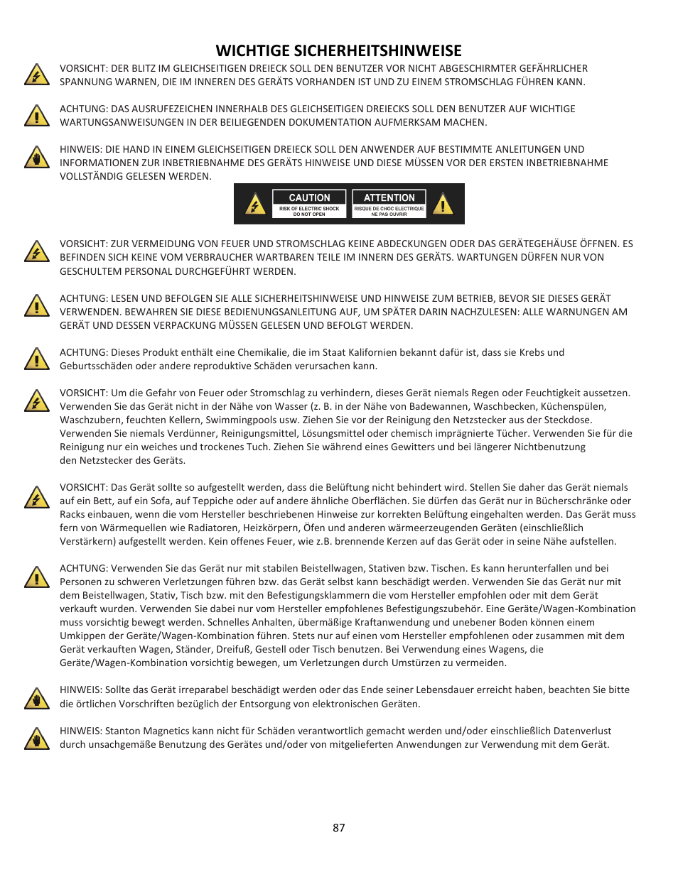 Wichtige sicherheitshinweise | Cerwin-Vega Professional Audio Mixer CVM-1224FXUSB User Manual | Page 87 / 116