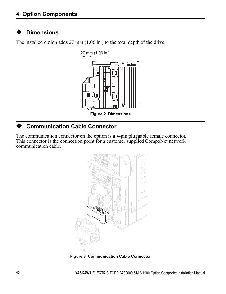 Dimensions, Communication cable connector, 4 option components | Yaskawa AC Drive V1000-Series Option SI-M3/V CompoNet User Manual | Page 12 / 38