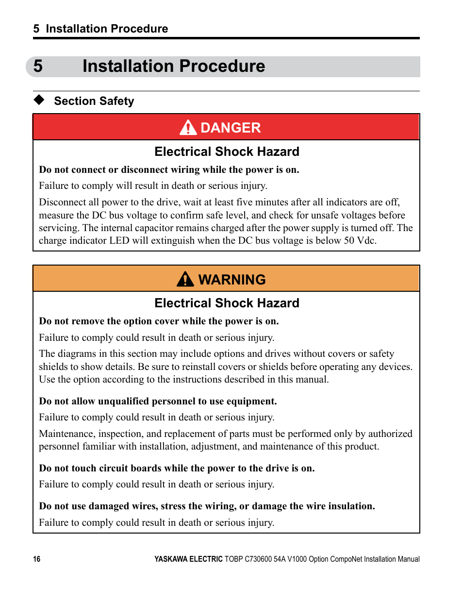 5 installation procedure, Section safety, 5installation procedure | Yaskawa AC Drive V1000-Series Option SI-M3/V CompoNet User Manual | Page 16 / 38