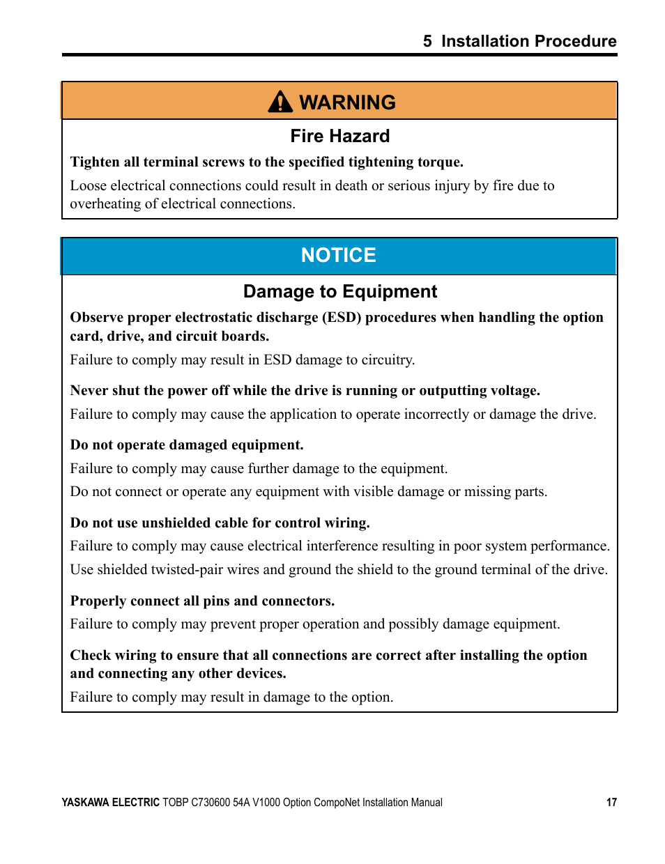 Notice, W arning, Fire hazard | Damage to equipment | Yaskawa AC Drive V1000-Series Option SI-M3/V CompoNet User Manual | Page 17 / 38