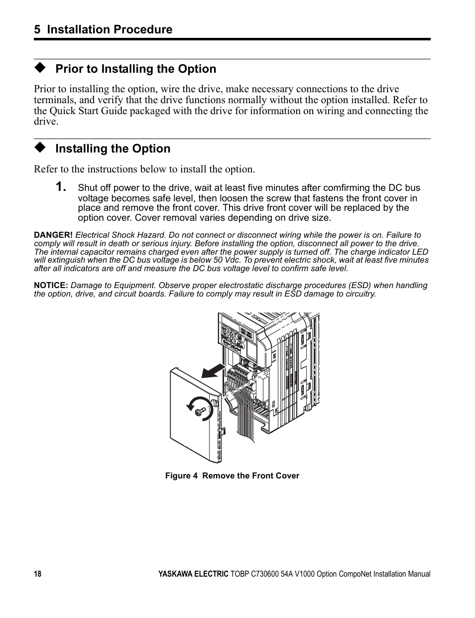 Prior to installing the option, Installing the option, 5 installation procedure | Yaskawa AC Drive V1000-Series Option SI-M3/V CompoNet User Manual | Page 18 / 38