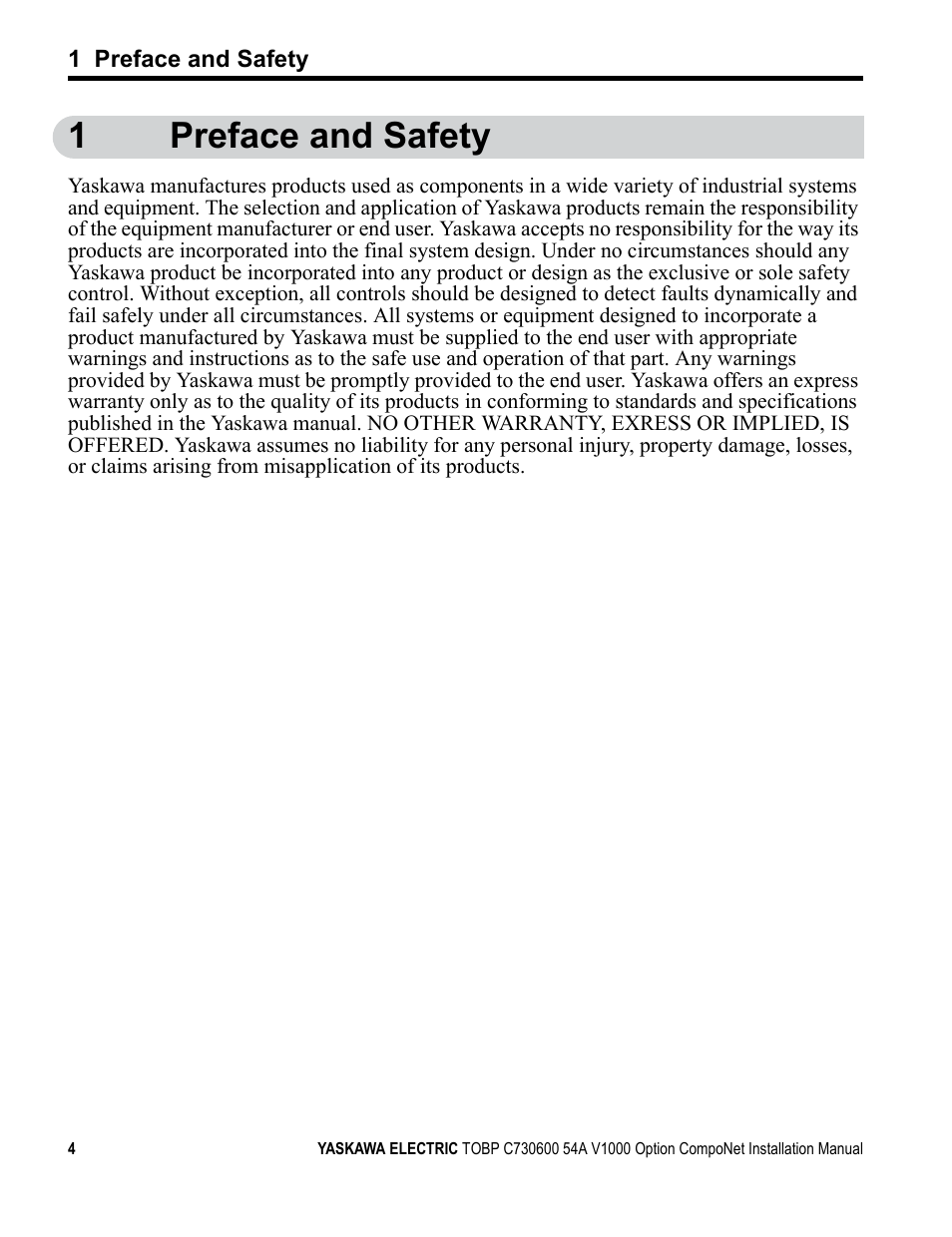 1 preface and safety, 1preface and safety | Yaskawa AC Drive V1000-Series Option SI-M3/V CompoNet User Manual | Page 4 / 38