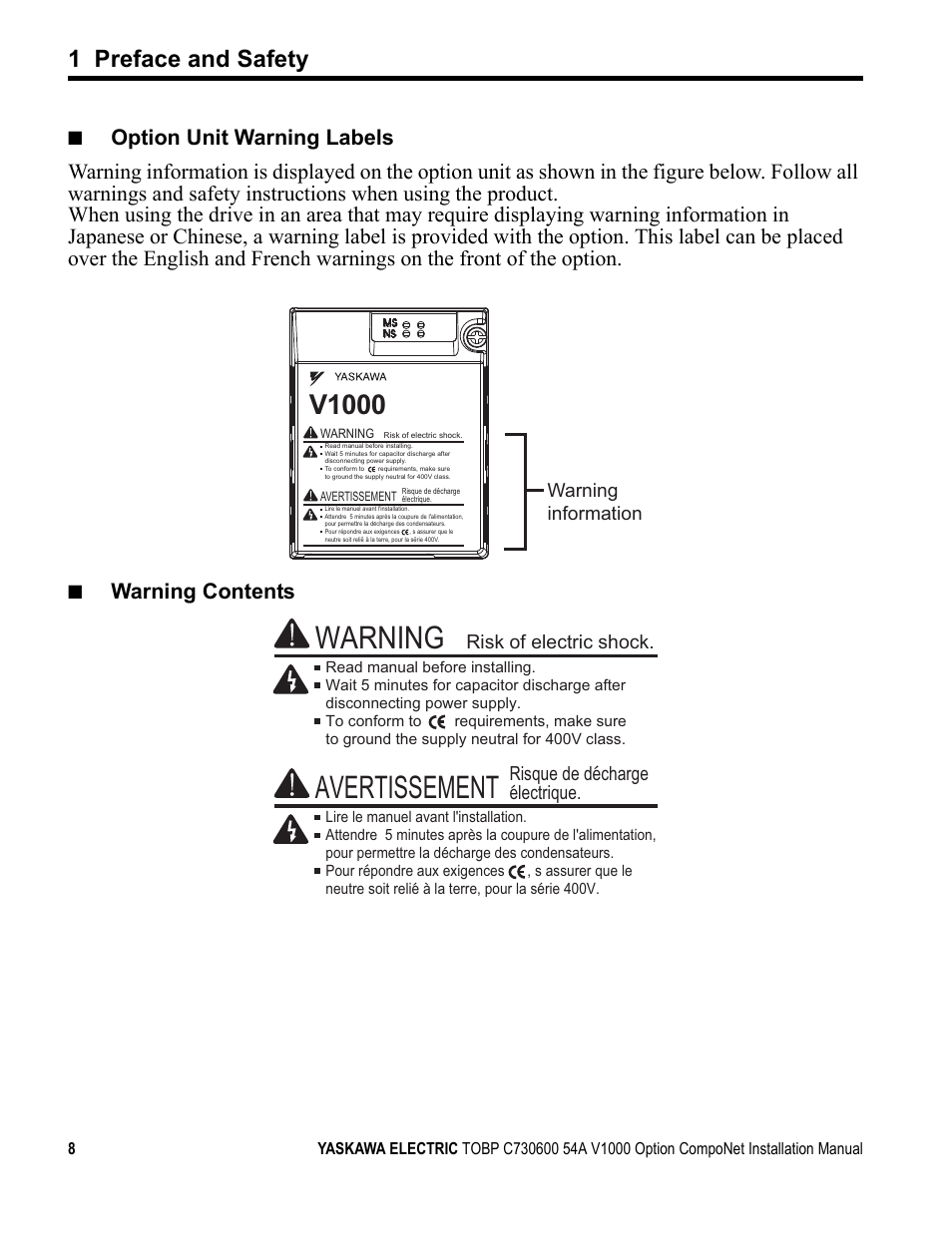 Avertissement, Warning, V1000 | 1 preface and safety, Warning contents | Yaskawa AC Drive V1000-Series Option SI-M3/V CompoNet User Manual | Page 8 / 38