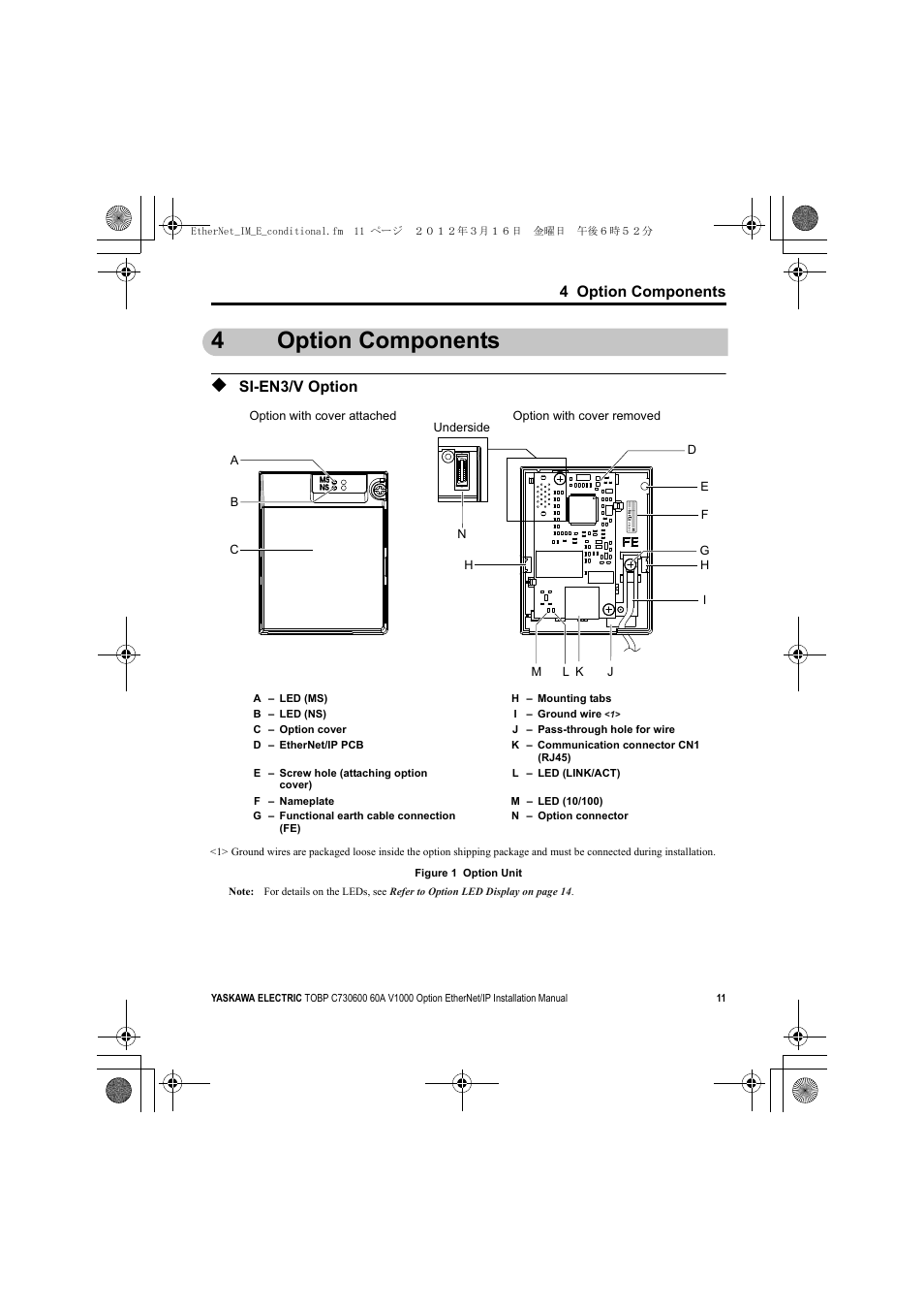 4 option components, Si-en3/v option, 4option components | V1000 | Yaskawa SI-EN3/V EtherNet/IP for V1000 Drive User Manual | Page 11 / 104
