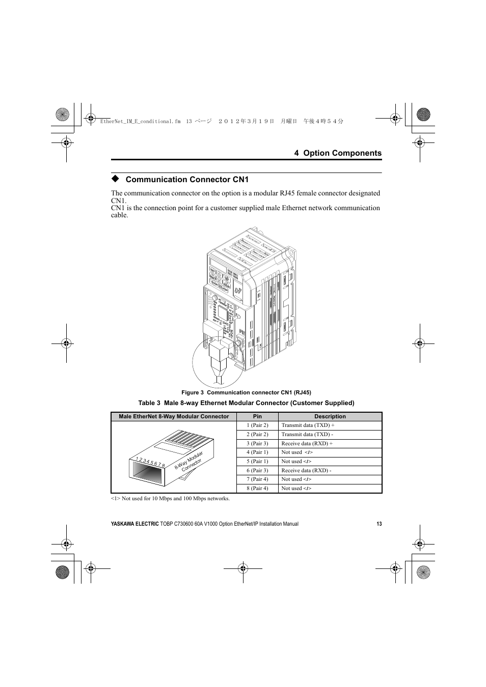 Communication connector cn1, V1000 | Yaskawa SI-EN3/V EtherNet/IP for V1000 Drive User Manual | Page 13 / 104