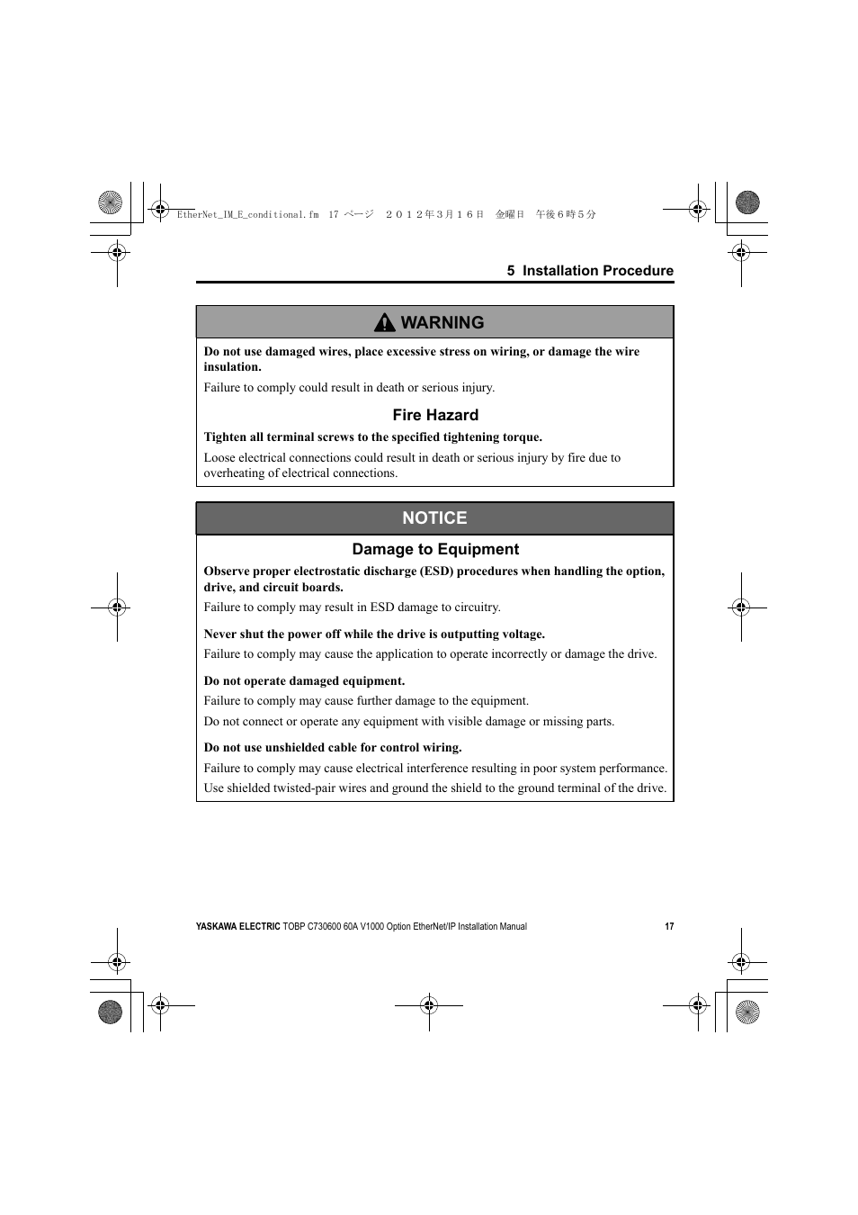 Notice, W arning | Yaskawa SI-EN3/V EtherNet/IP for V1000 Drive User Manual | Page 17 / 104