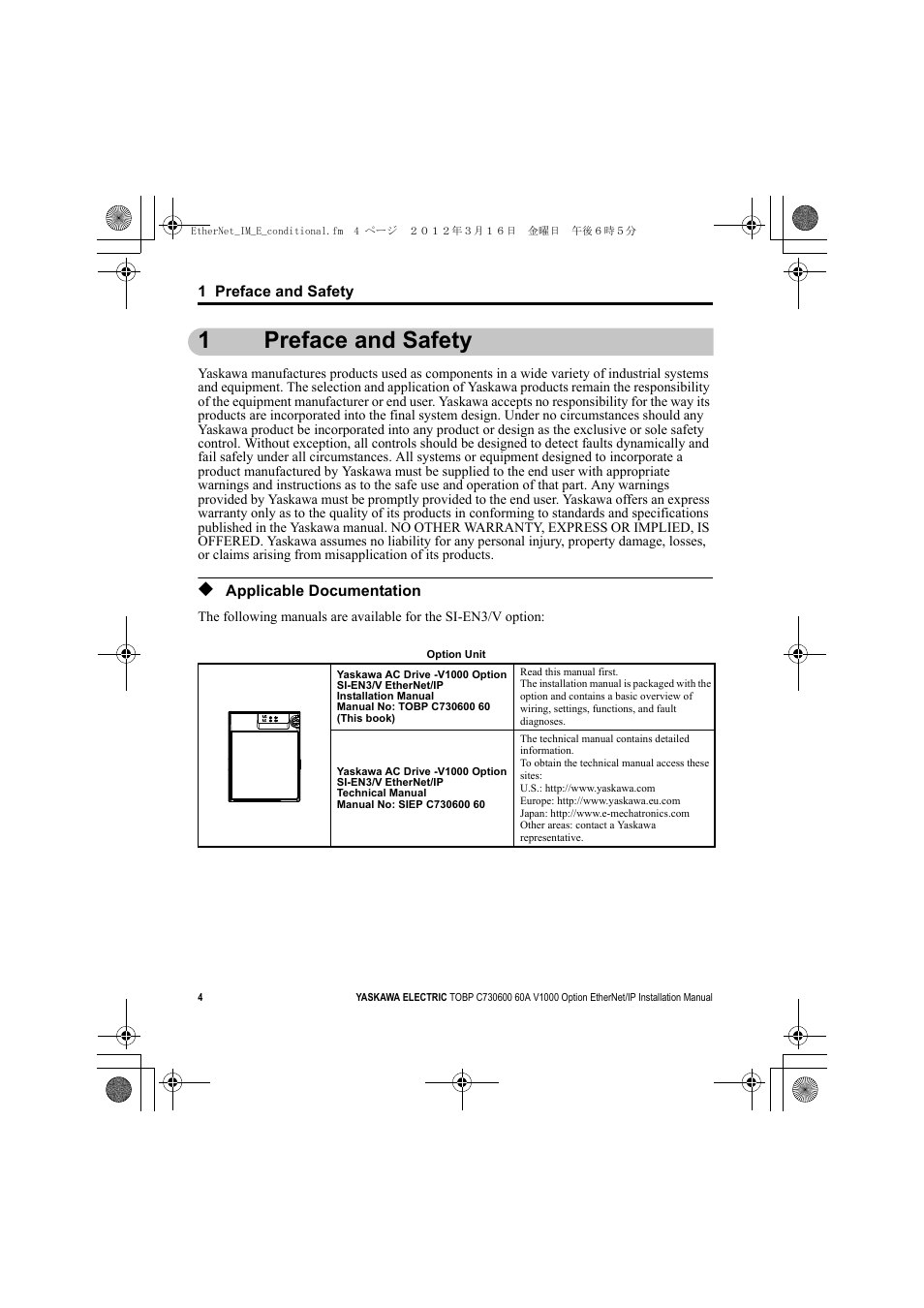 1 preface and safety, Applicable documentation, 1preface and safety | Yaskawa SI-EN3/V EtherNet/IP for V1000 Drive User Manual | Page 4 / 104