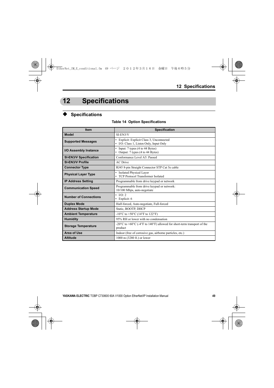 12 specifications, Specifications | Yaskawa SI-EN3/V EtherNet/IP for V1000 Drive User Manual | Page 49 / 104
