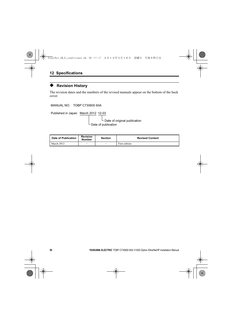 Revision history, V1000 | Yaskawa SI-EN3/V EtherNet/IP for V1000 Drive User Manual | Page 50 / 104