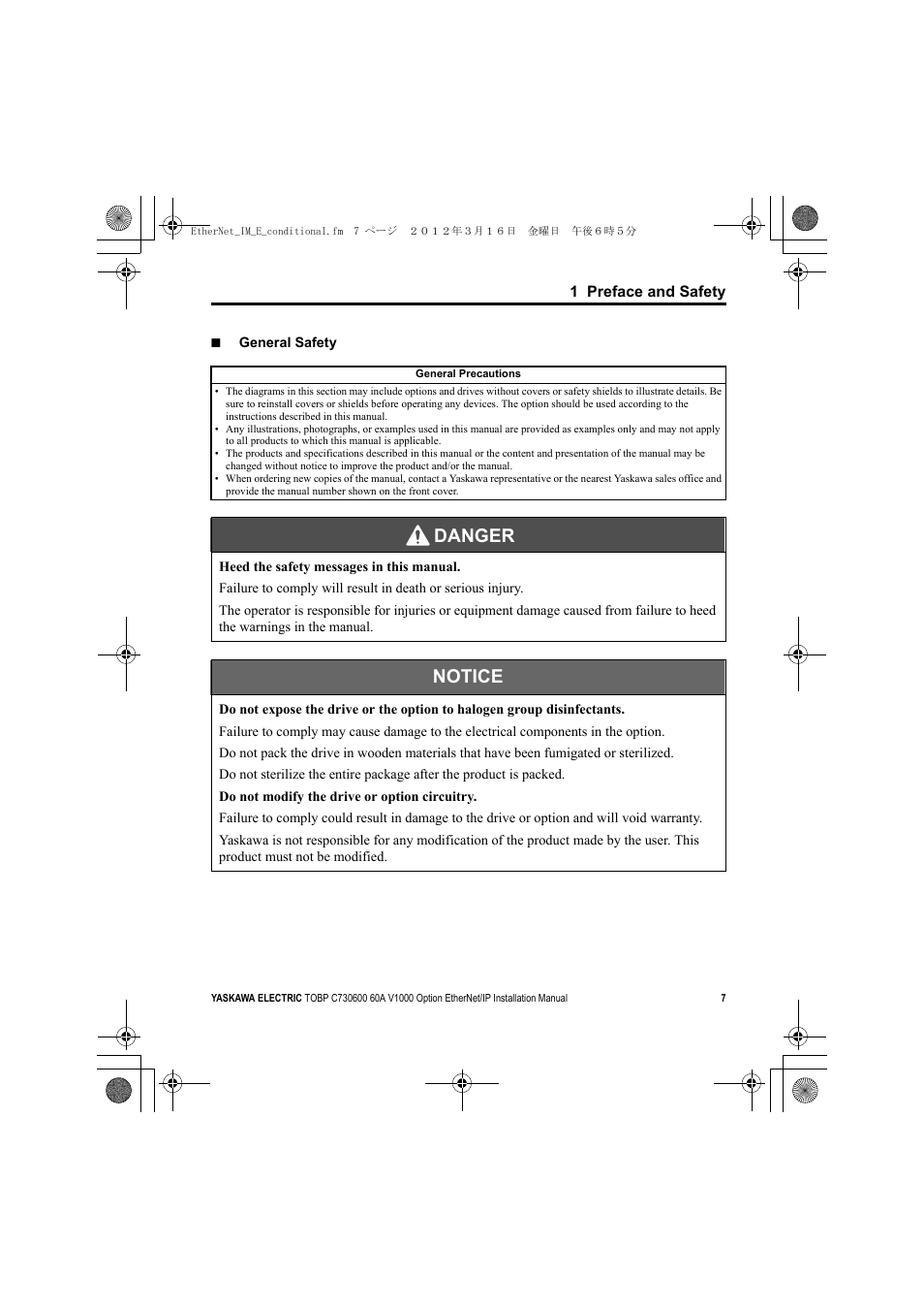 Danger, Notice | Yaskawa SI-EN3/V EtherNet/IP for V1000 Drive User Manual | Page 7 / 104