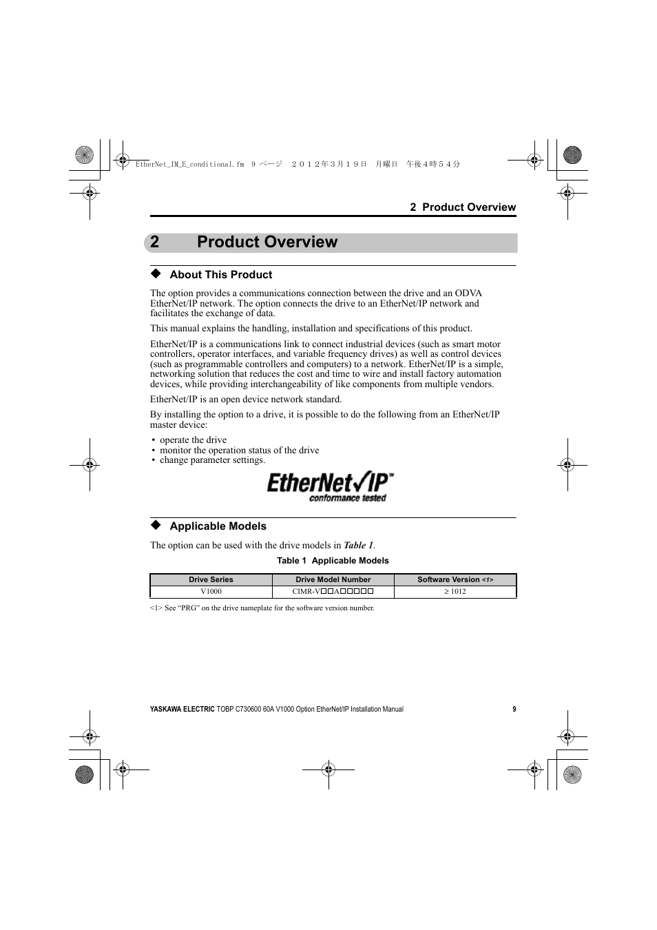 2 product overview, About this product, Applicable models | 2product overview | Yaskawa SI-EN3/V EtherNet/IP for V1000 Drive User Manual | Page 9 / 104