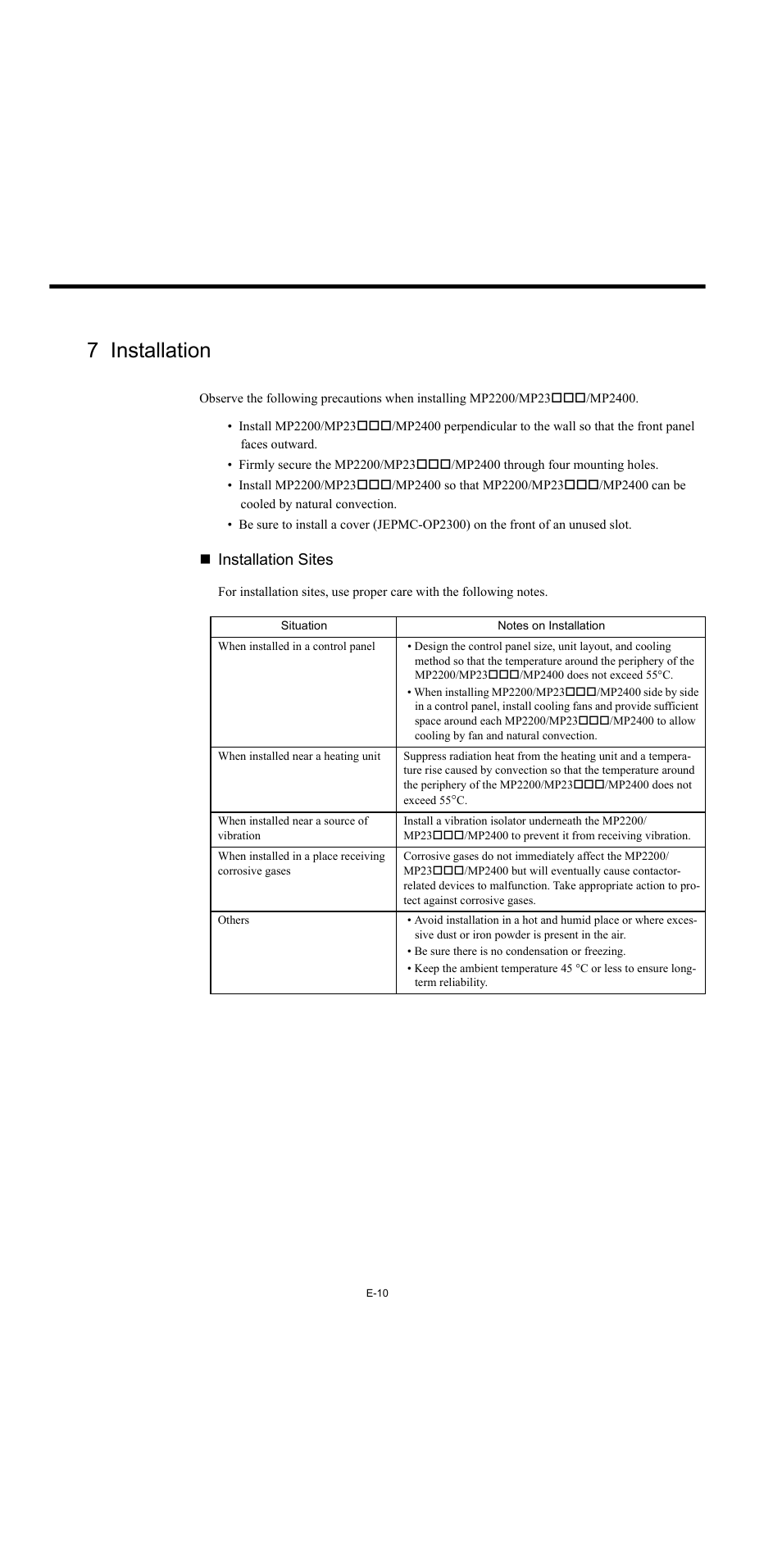 7 installation, Installation sites | Yaskawa MP2000 Series Machine Controller Safety Precautions User Manual | Page 12 / 21