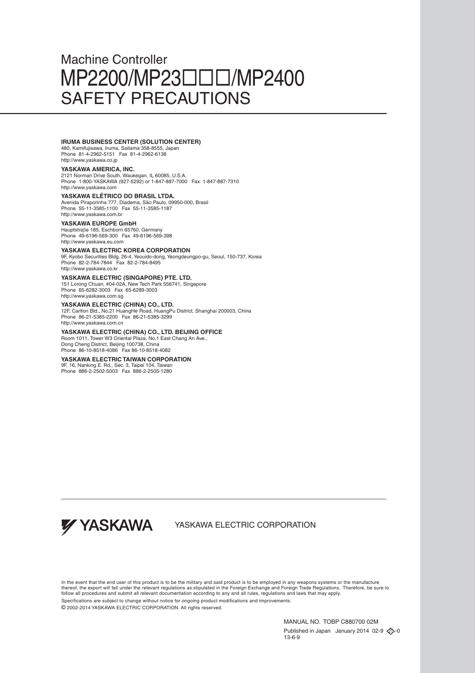 Back cover, Safety precautions, Machine controller | Yaskawa MP2000 Series Machine Controller Safety Precautions User Manual | Page 20 / 21