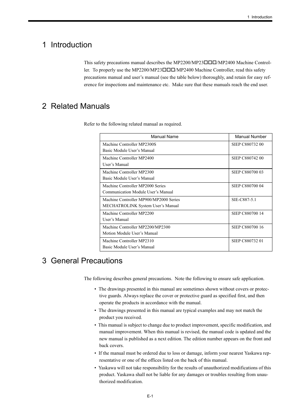 1 introduction, 2 related manuals, 3 general precautions | Yaskawa MP2000 Series Machine Controller Safety Precautions User Manual | Page 3 / 21