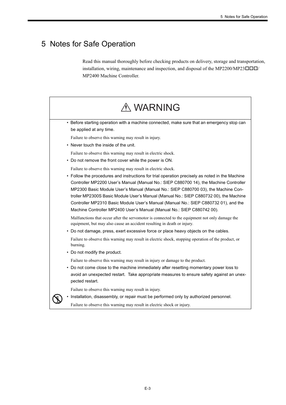 5 notes for safe operation, Warning | Yaskawa MP2000 Series Machine Controller Safety Precautions User Manual | Page 5 / 21