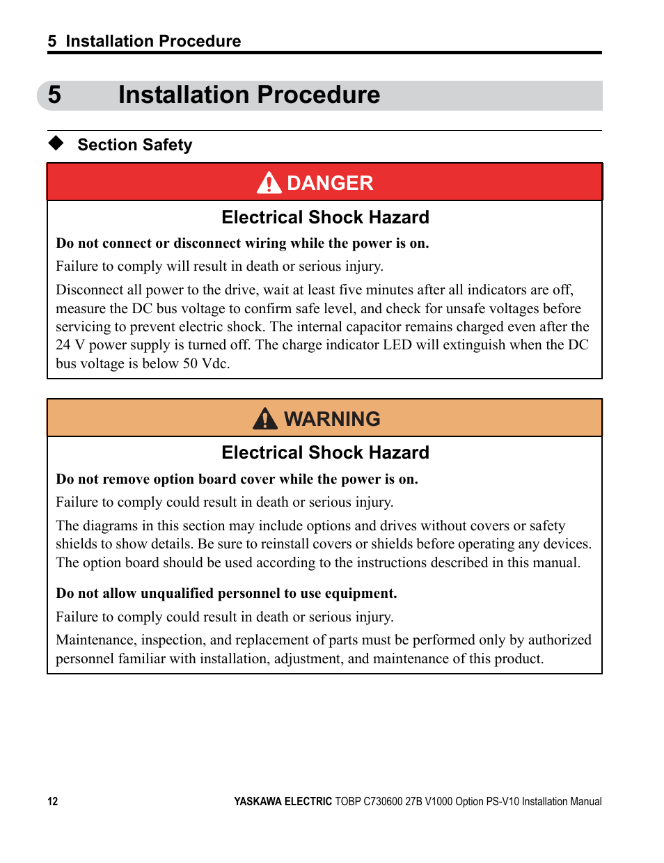 5 installation procedure, Section safety, 5installation procedure | Yaskawa V1000 Option 24 V Power Supply User Manual | Page 12 / 38