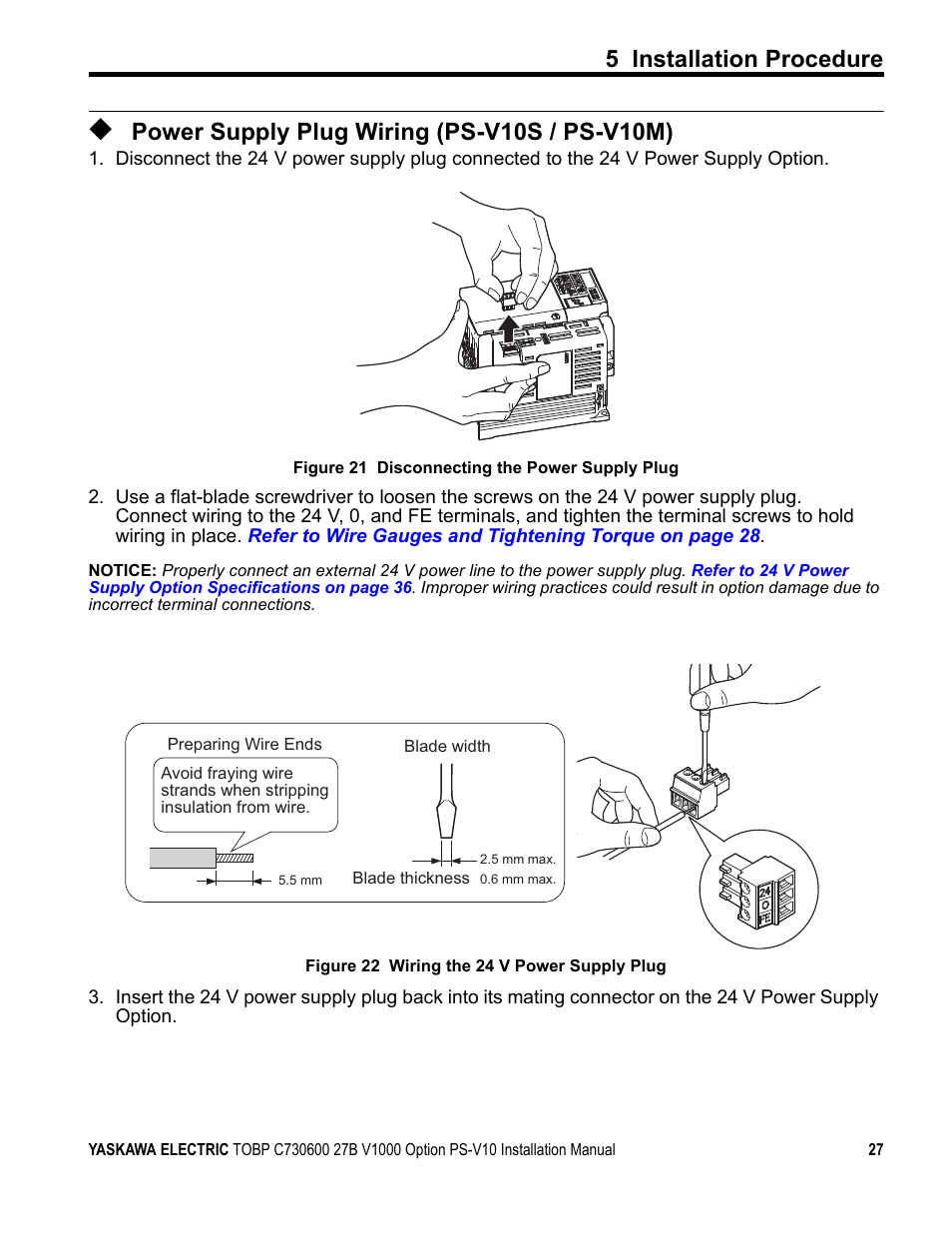 Power supply plug wiring (ps-v10s / ps-v10m), 5 installation procedure | Yaskawa V1000 Option 24 V Power Supply User Manual | Page 27 / 38