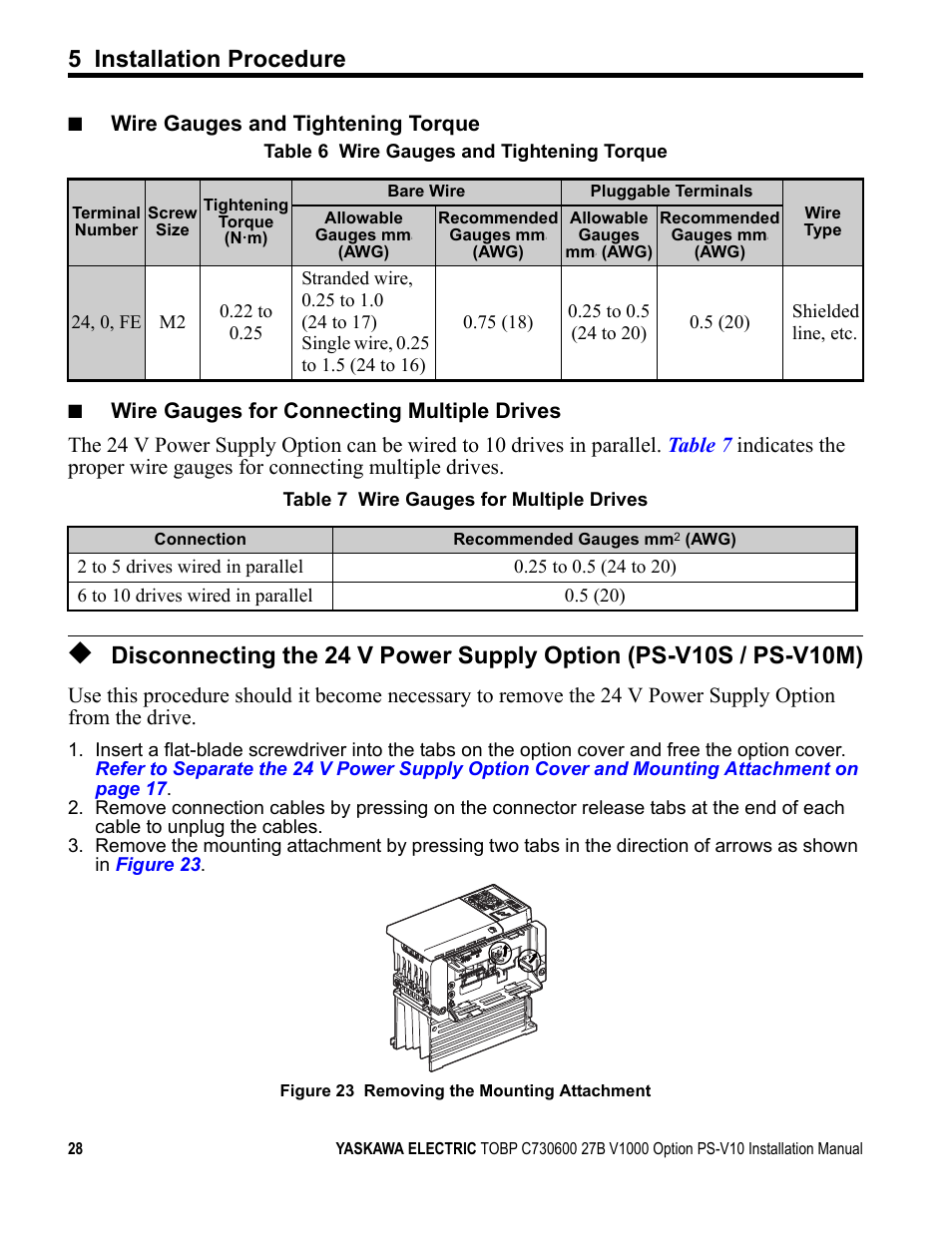 Wiring in place, 5 installation procedure, Wire gauges and tightening torque | Yaskawa V1000 Option 24 V Power Supply User Manual | Page 28 / 38