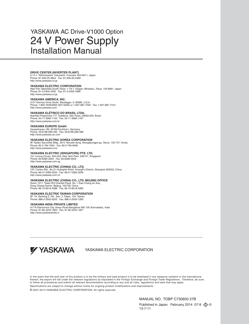 Back cover, 24 v power supply, Installation manual | Yaskawa ac drive-v1000 option | Yaskawa V1000 Option 24 V Power Supply User Manual | Page 38 / 38