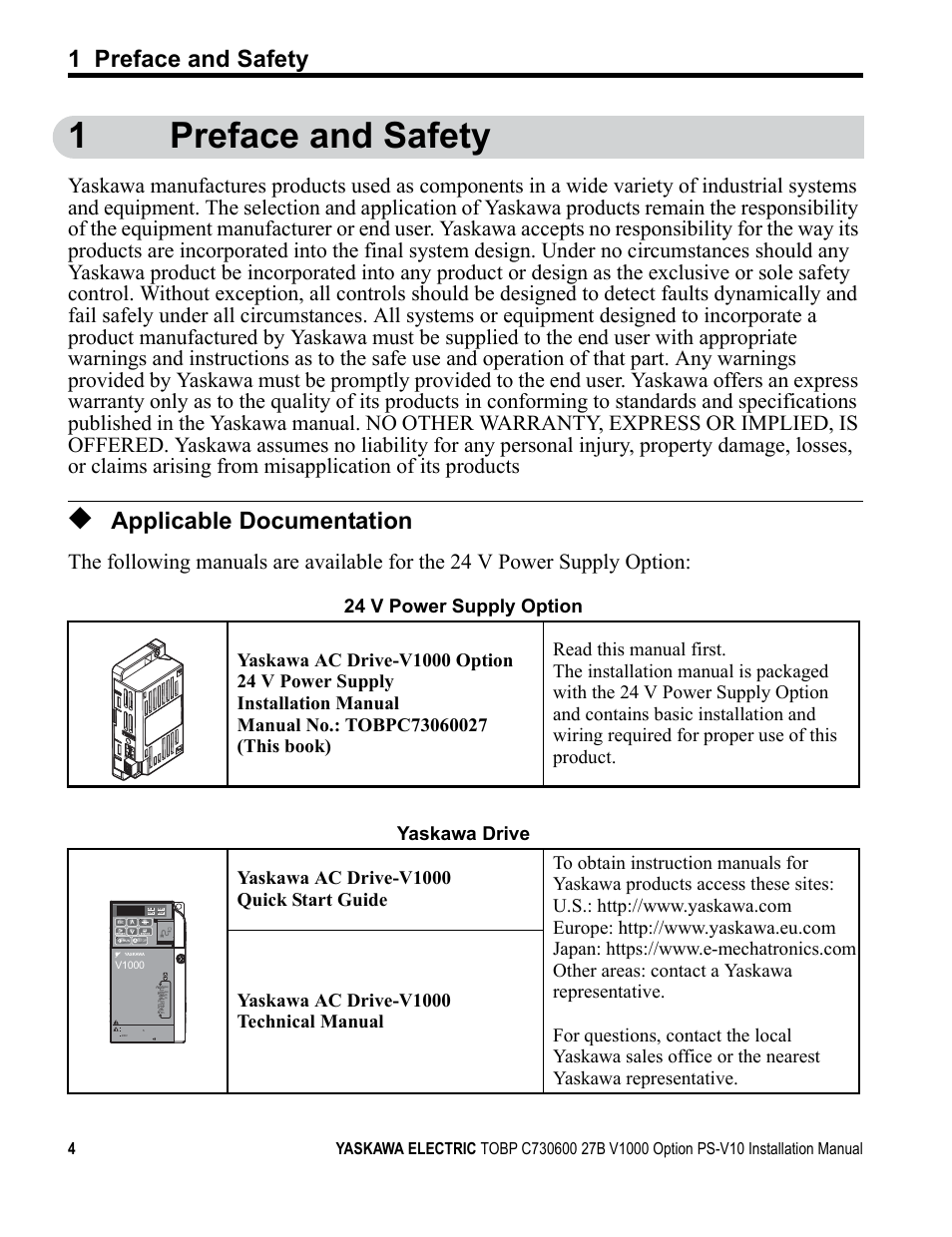 1 preface and safety, Applicable documentation, 1preface and safety | Yaskawa V1000 Option 24 V Power Supply User Manual | Page 4 / 38