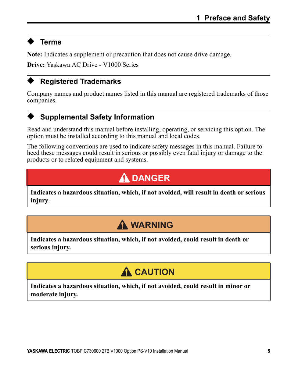 Terms, Registered trademarks, Supplemental safety information | Danger, Warning, Caution | Yaskawa V1000 Option 24 V Power Supply User Manual | Page 5 / 38