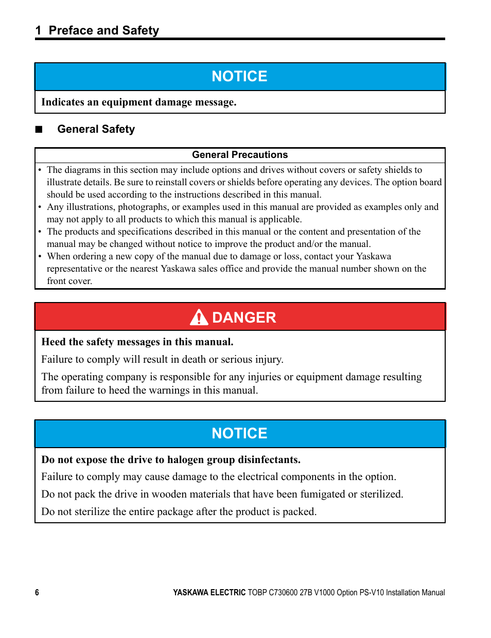 Notice, Danger | Yaskawa V1000 Option 24 V Power Supply User Manual | Page 6 / 38