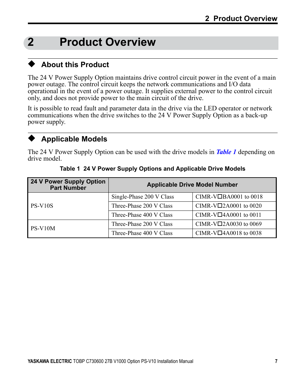 2 product overview, About this product, Applicable models | 2product overview | Yaskawa V1000 Option 24 V Power Supply User Manual | Page 7 / 38