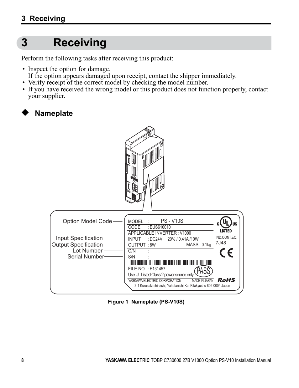 3 receiving, Nameplate, 3receiving | Pass | Yaskawa V1000 Option 24 V Power Supply User Manual | Page 8 / 38